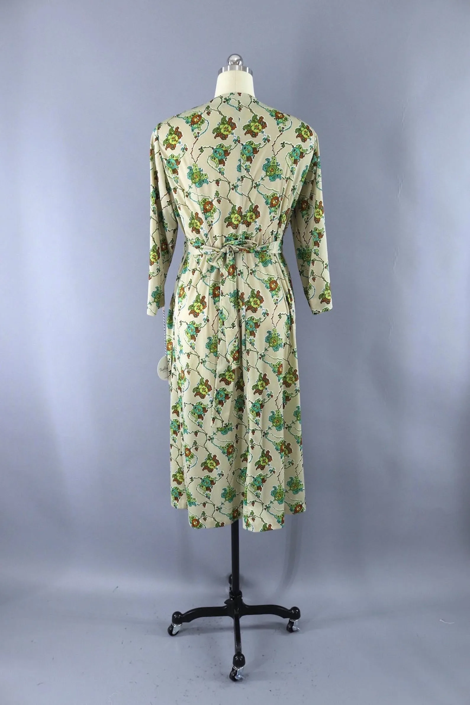 Vintage 1970s Wrap Dress / Tan Cactus Print