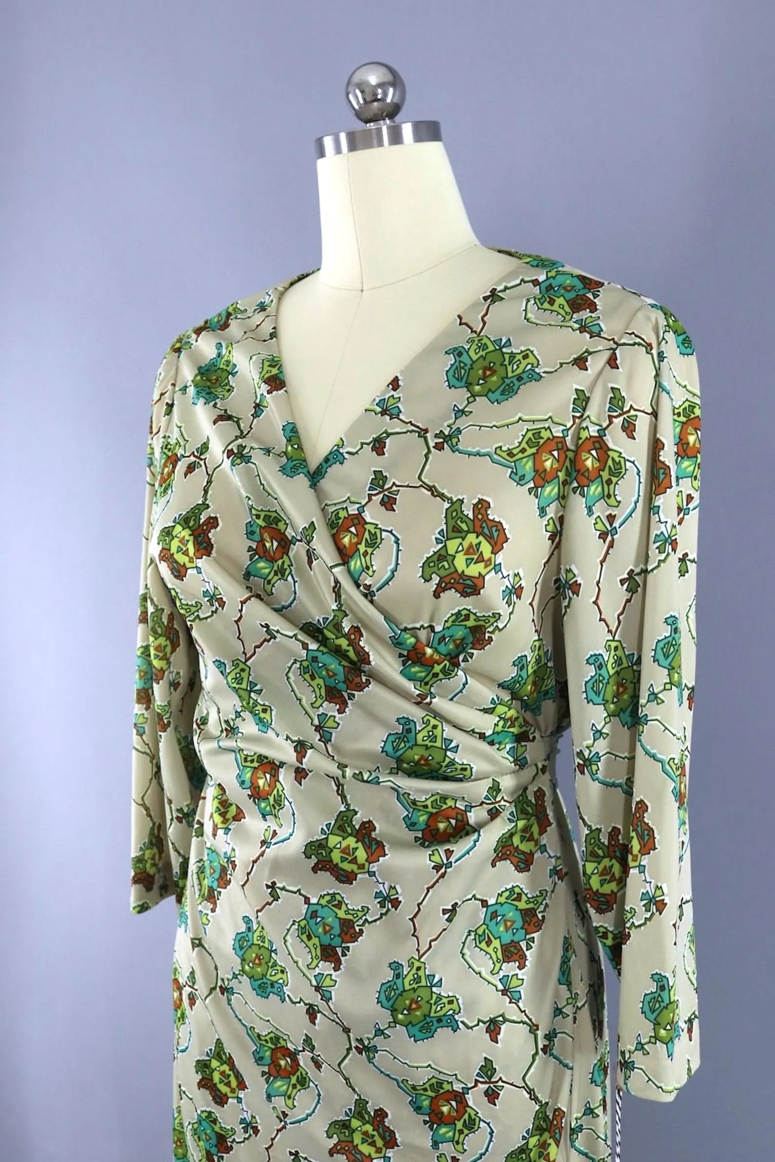 Vintage 1970s Wrap Dress / Tan Cactus Print