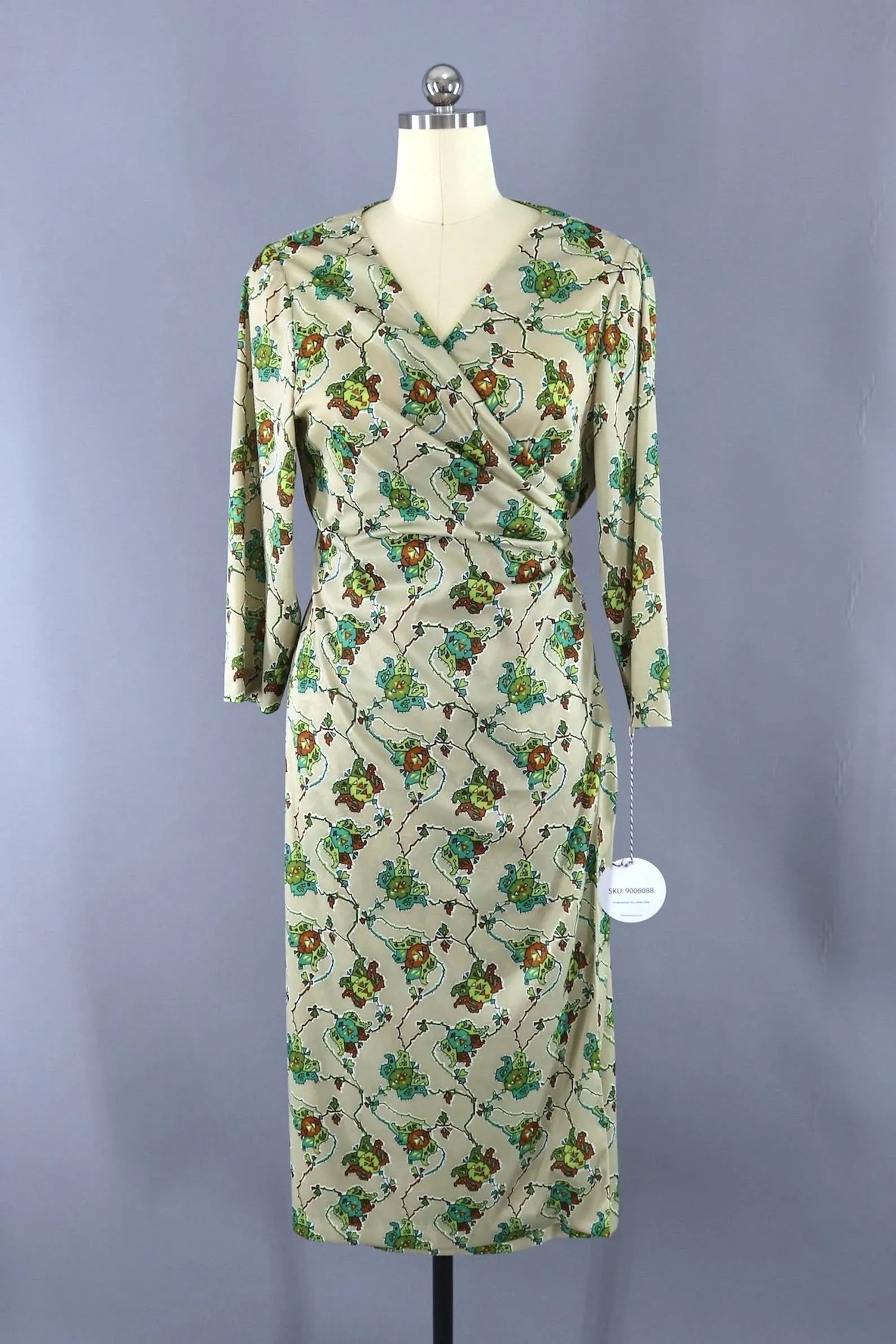 Vintage 1970s Wrap Dress / Tan Cactus Print