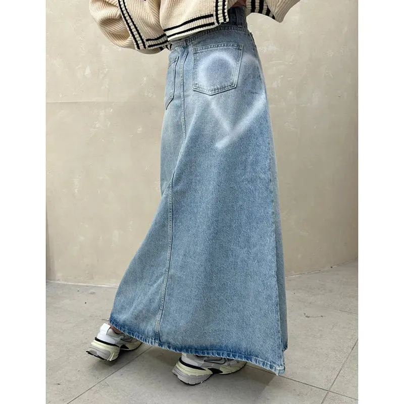 Vintage Blue Denim High Waist A-line Skirt Pants