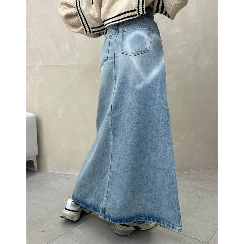 Vintage Blue Denim High Waist A-line Skirt Pants