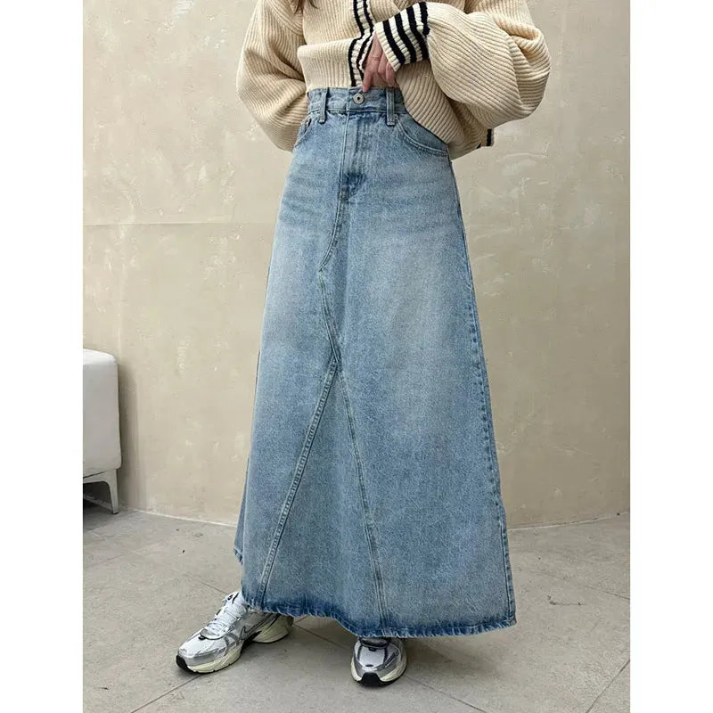 Vintage Blue Denim High Waist A-line Skirt Pants