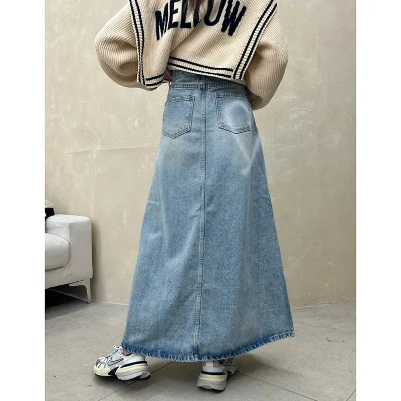 Vintage Blue Denim High Waist A-line Skirt Pants