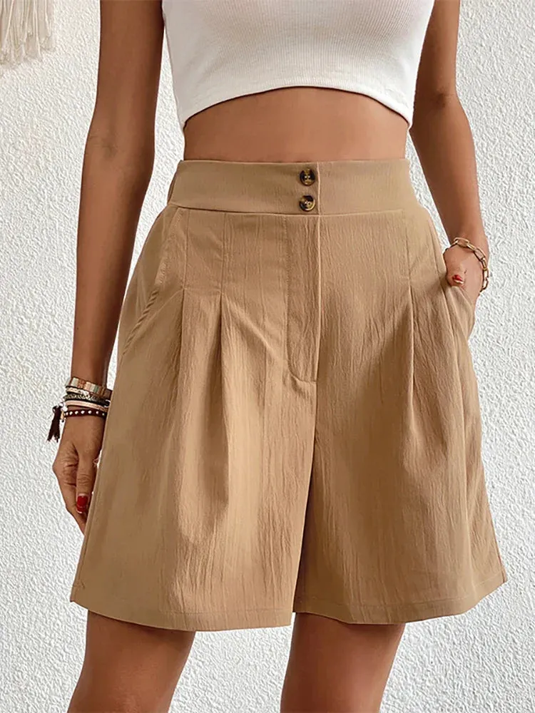 Vintage Solid High Waist Button Wide Leg Pants