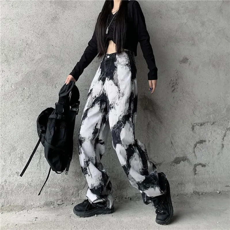 Vintage Tie Dyed Print High Waist Denim Pants