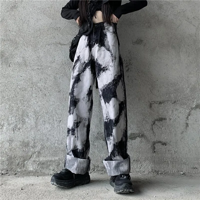 Vintage Tie Dyed Print High Waist Denim Pants