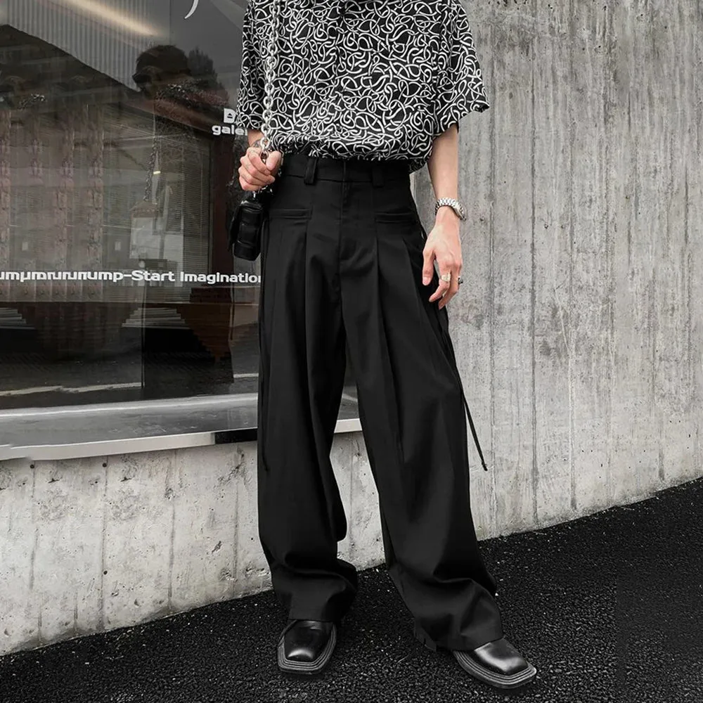 Wiaofellas Spring Summer Fashion Pleated Design Wide Leg Pants Men Lazy Loose High Waist Casual Trousers Male Solid Long Suit Pants