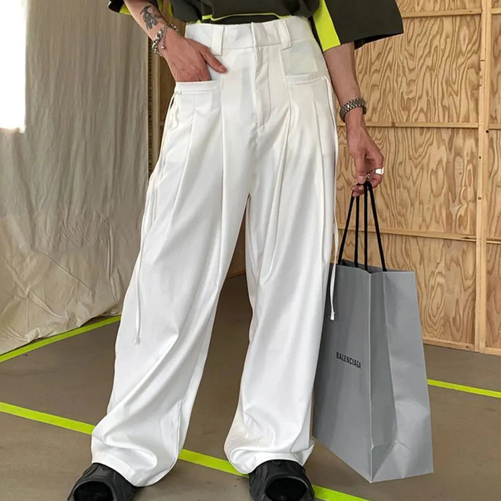 Wiaofellas Spring Summer Fashion Pleated Design Wide Leg Pants Men Lazy Loose High Waist Casual Trousers Male Solid Long Suit Pants