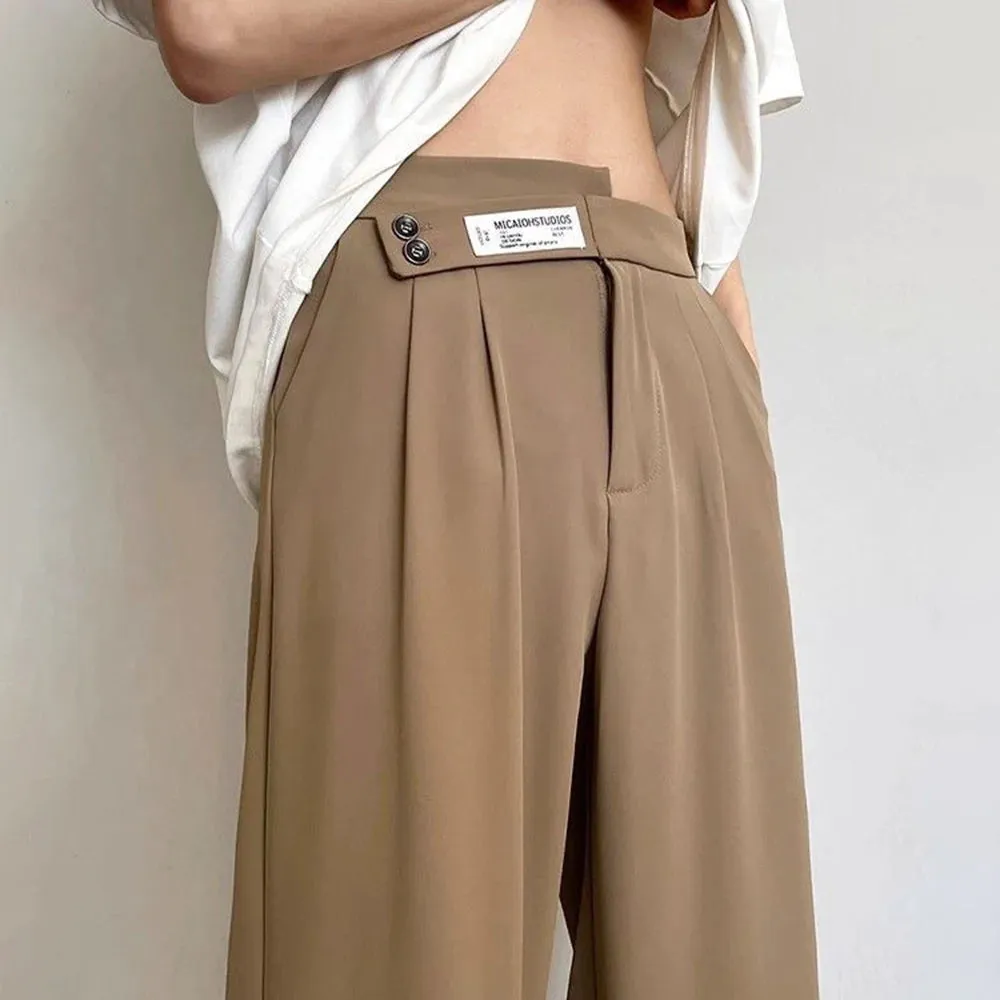 Wiaofellas Suit Pants For Men Fashionable And Elegant Loose Straight Casual Pants British Style Solid Color High-Waisted Wide-Leg Pants