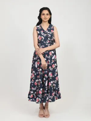 Women Navy Blue Floral Crepe Maxi Dress