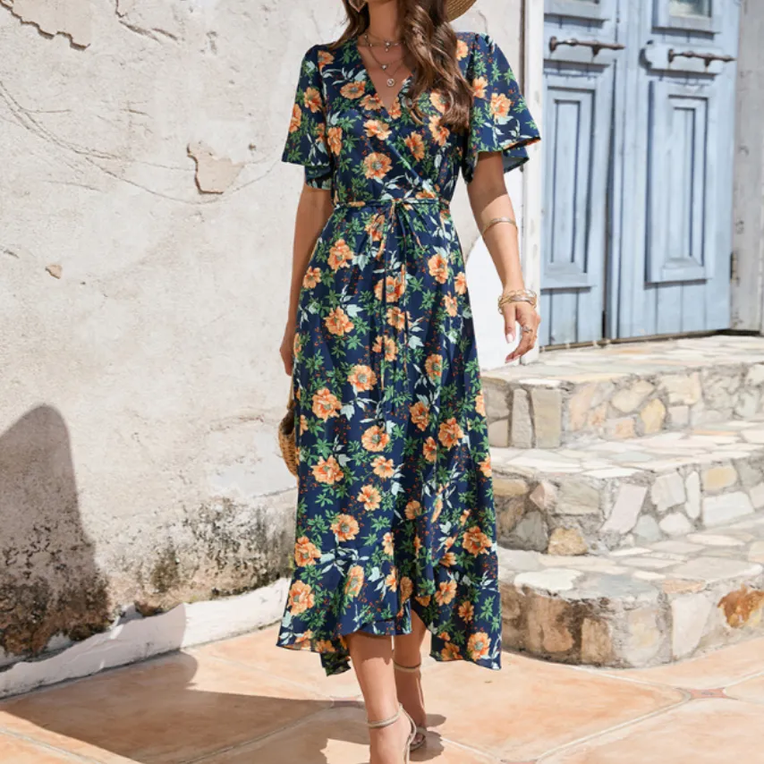 Women Wrap Style Summer Floral Dress With Ruffles