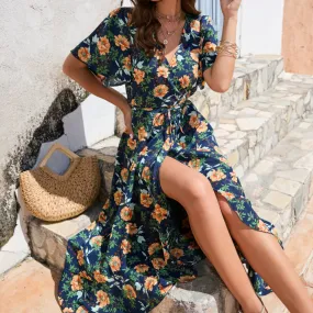 Women Wrap Style Summer Floral Dress With Ruffles