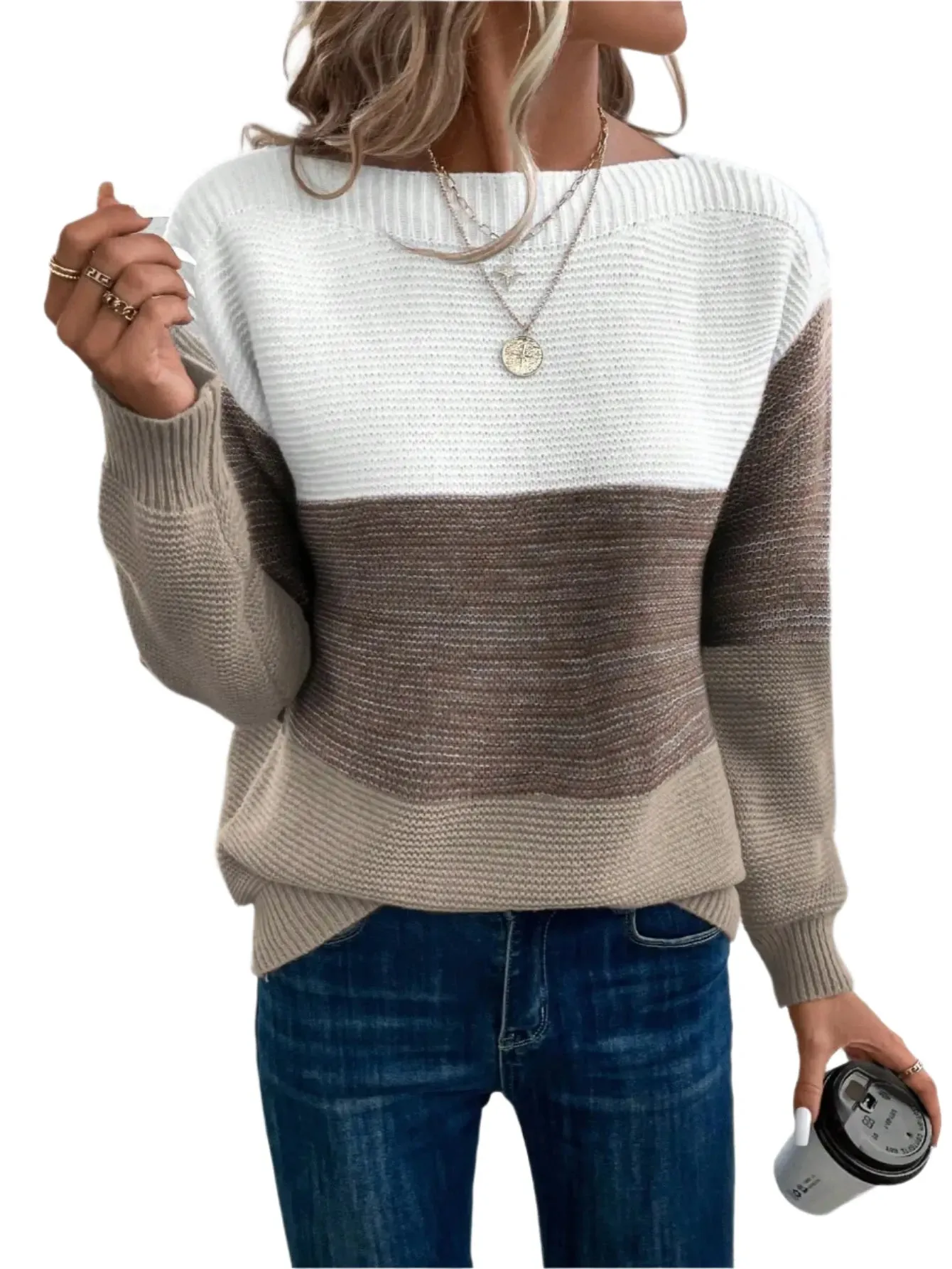 Women's Patchwork Sweater - Elegant Three-Color Knitted Jumper, Loose Fit, Thick Warm Casual Top for Autumn Winter