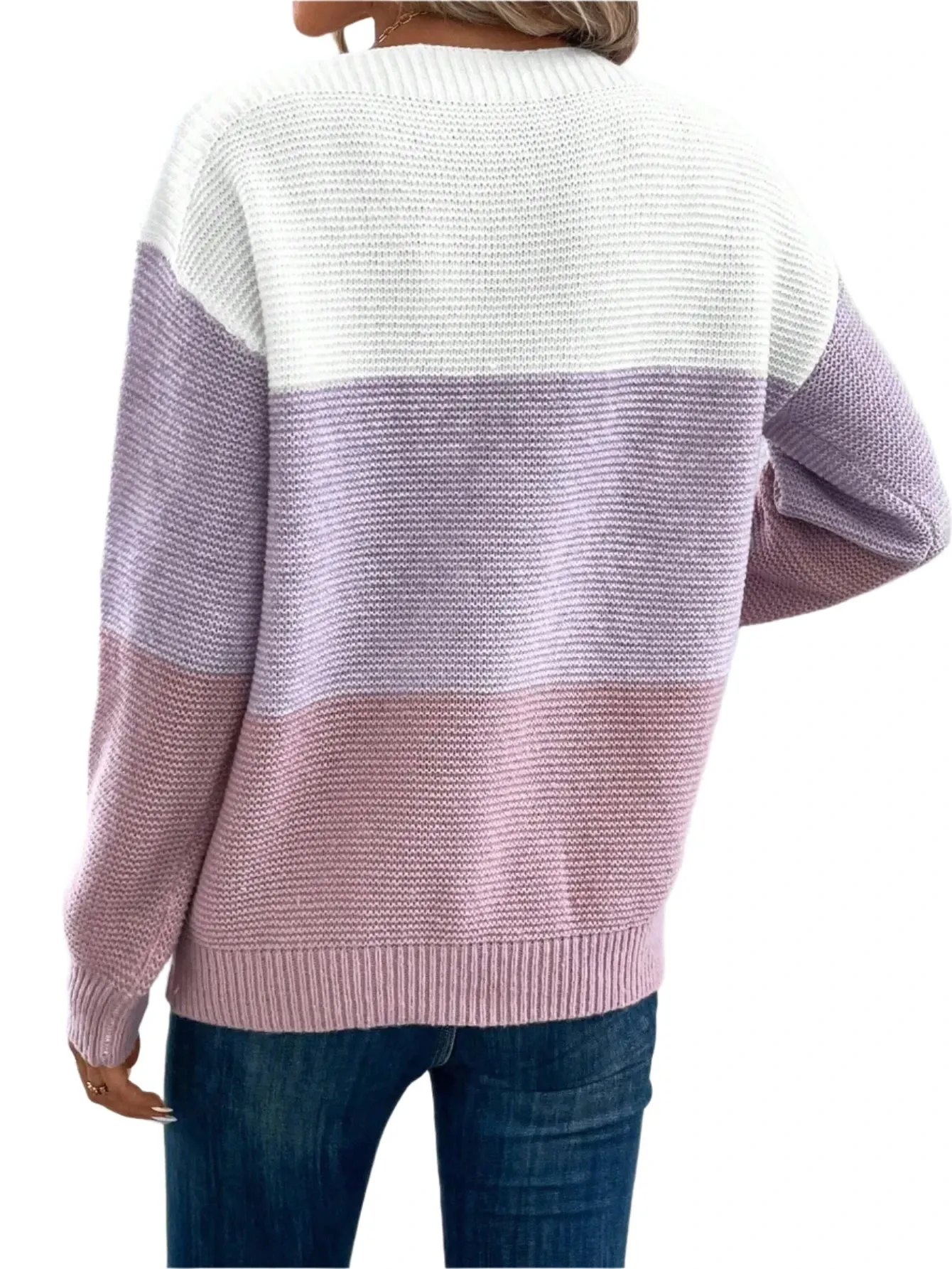 Women's Patchwork Sweater - Elegant Three-Color Knitted Jumper, Loose Fit, Thick Warm Casual Top for Autumn Winter