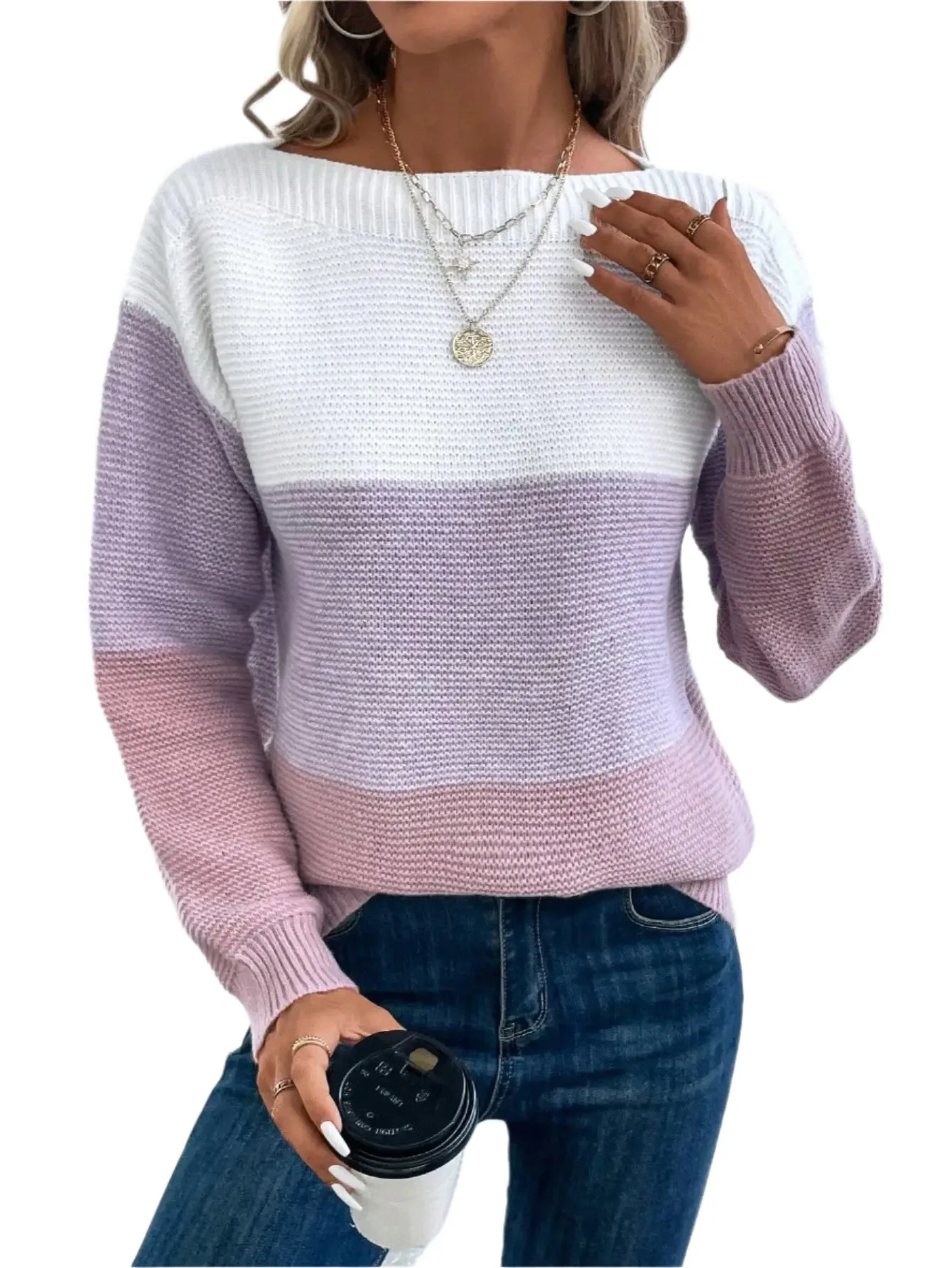 Women's Patchwork Sweater - Elegant Three-Color Knitted Jumper, Loose Fit, Thick Warm Casual Top for Autumn Winter