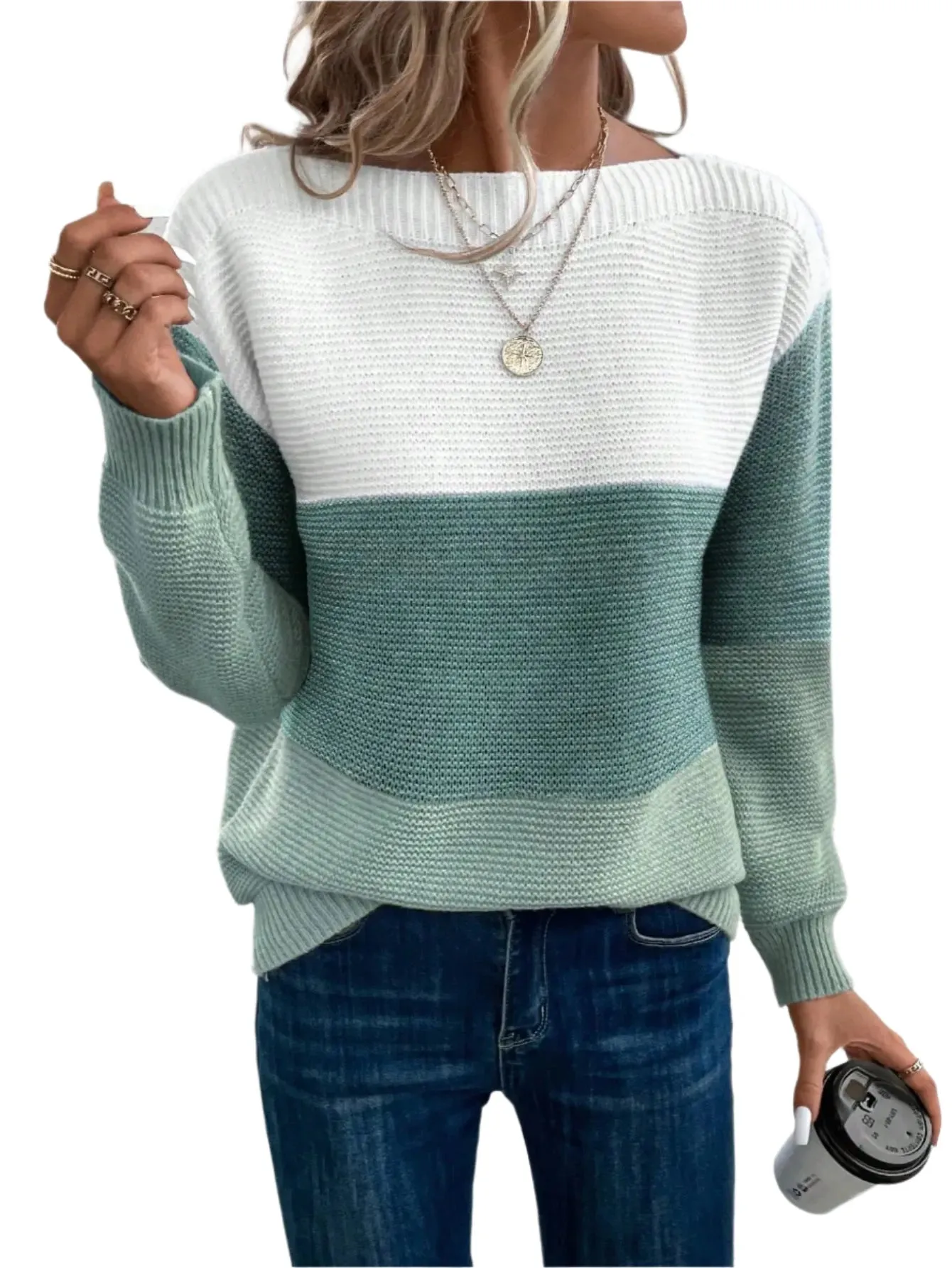 Women's Patchwork Sweater - Elegant Three-Color Knitted Jumper, Loose Fit, Thick Warm Casual Top for Autumn Winter