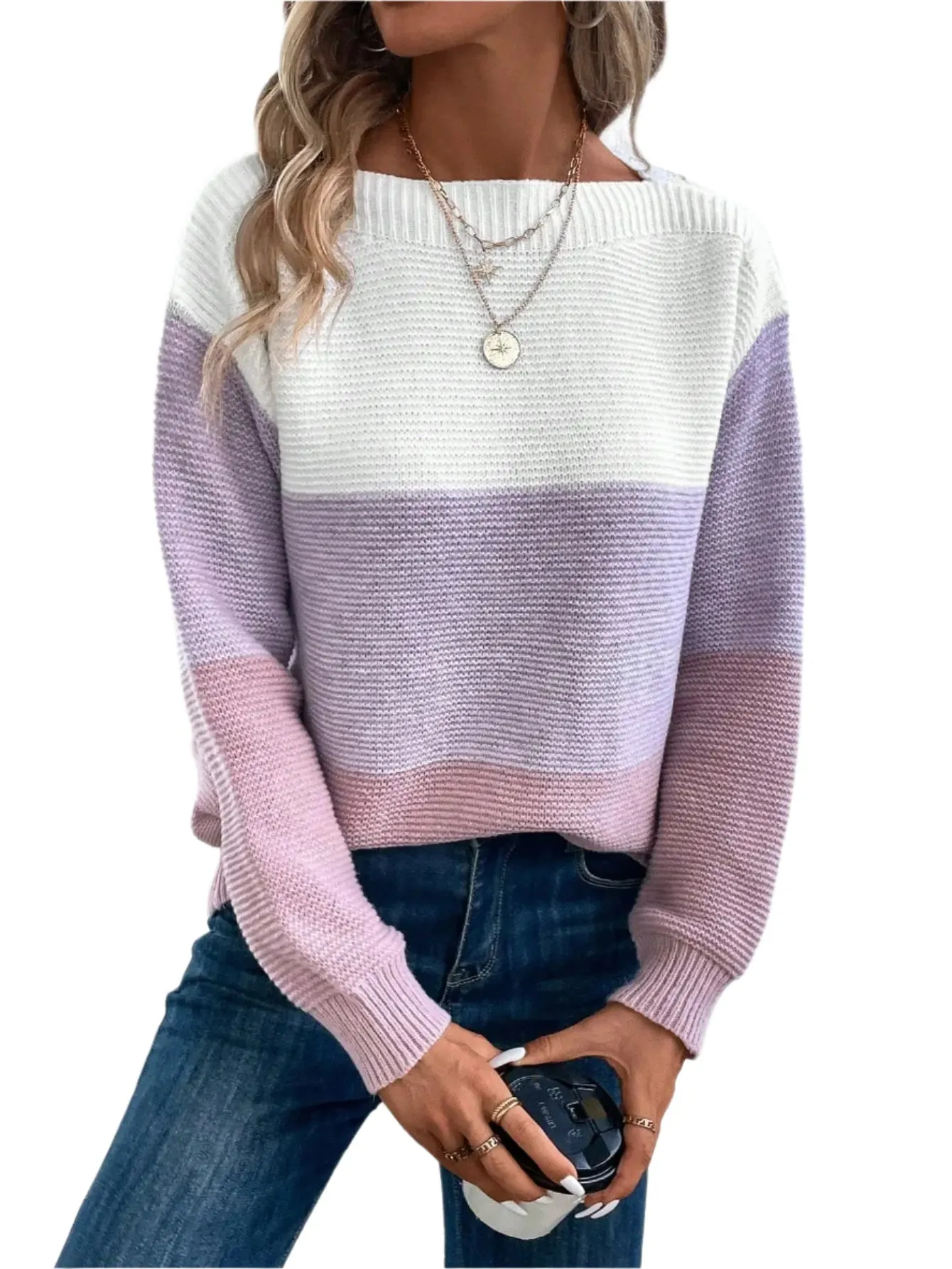 Women's Patchwork Sweater - Elegant Three-Color Knitted Jumper, Loose Fit, Thick Warm Casual Top for Autumn Winter