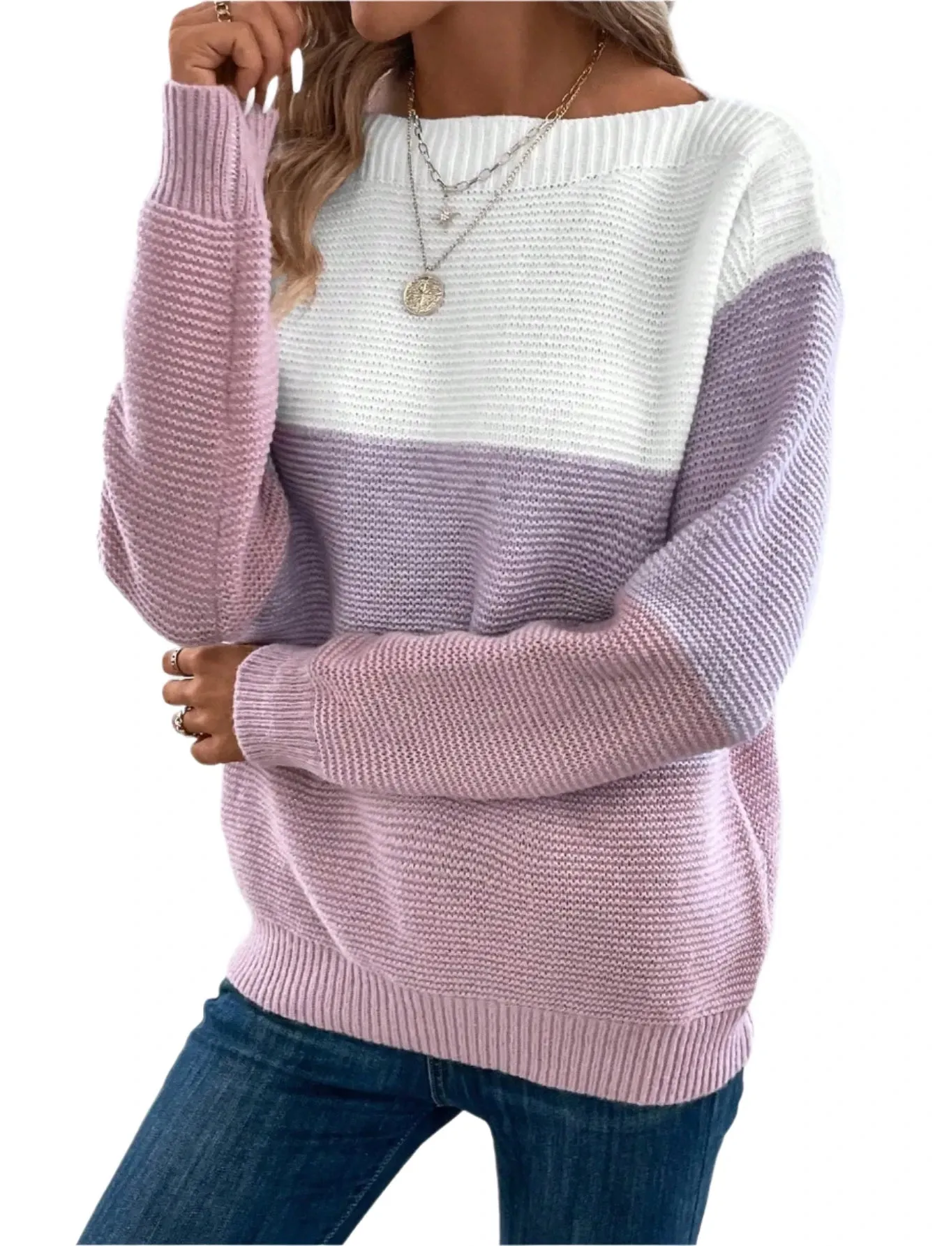 Women's Patchwork Sweater - Elegant Three-Color Knitted Jumper, Loose Fit, Thick Warm Casual Top for Autumn Winter