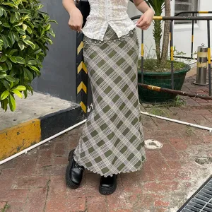 Y2K Green Frill Low Waist Long Plaid Skirt Female Harajuku 2000s Aesthetic Mesh Skirt Two Layer Chic Fairycore Bottom