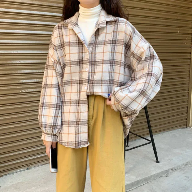 Yeknu Women Plaid Warm Shirt Female Jacket Checked Coat Casual Turn-down Collar Long Sleeve Autumn Blouse Fashion Loose Outwear Tops