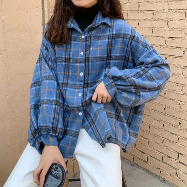 Yeknu Women Plaid Warm Shirt Female Jacket Checked Coat Casual Turn-down Collar Long Sleeve Autumn Blouse Fashion Loose Outwear Tops