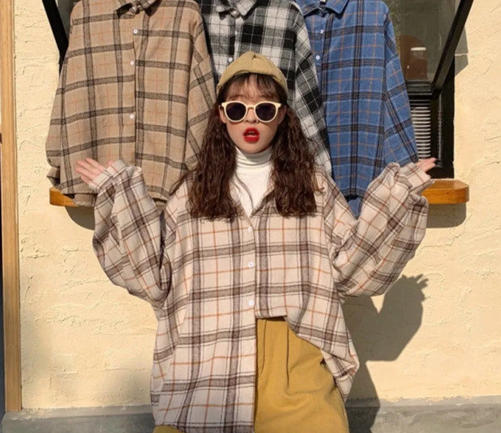 Yeknu Women Plaid Warm Shirt Female Jacket Checked Coat Casual Turn-down Collar Long Sleeve Autumn Blouse Fashion Loose Outwear Tops