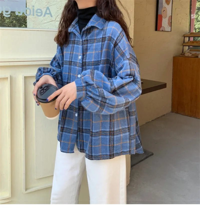 Yeknu Women Plaid Warm Shirt Female Jacket Checked Coat Casual Turn-down Collar Long Sleeve Autumn Blouse Fashion Loose Outwear Tops